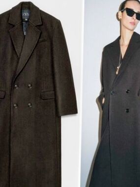 ZARA ZW COLLECTION'S  Women's  Double-Breasted Long Coat in Dark Brown. Oversize